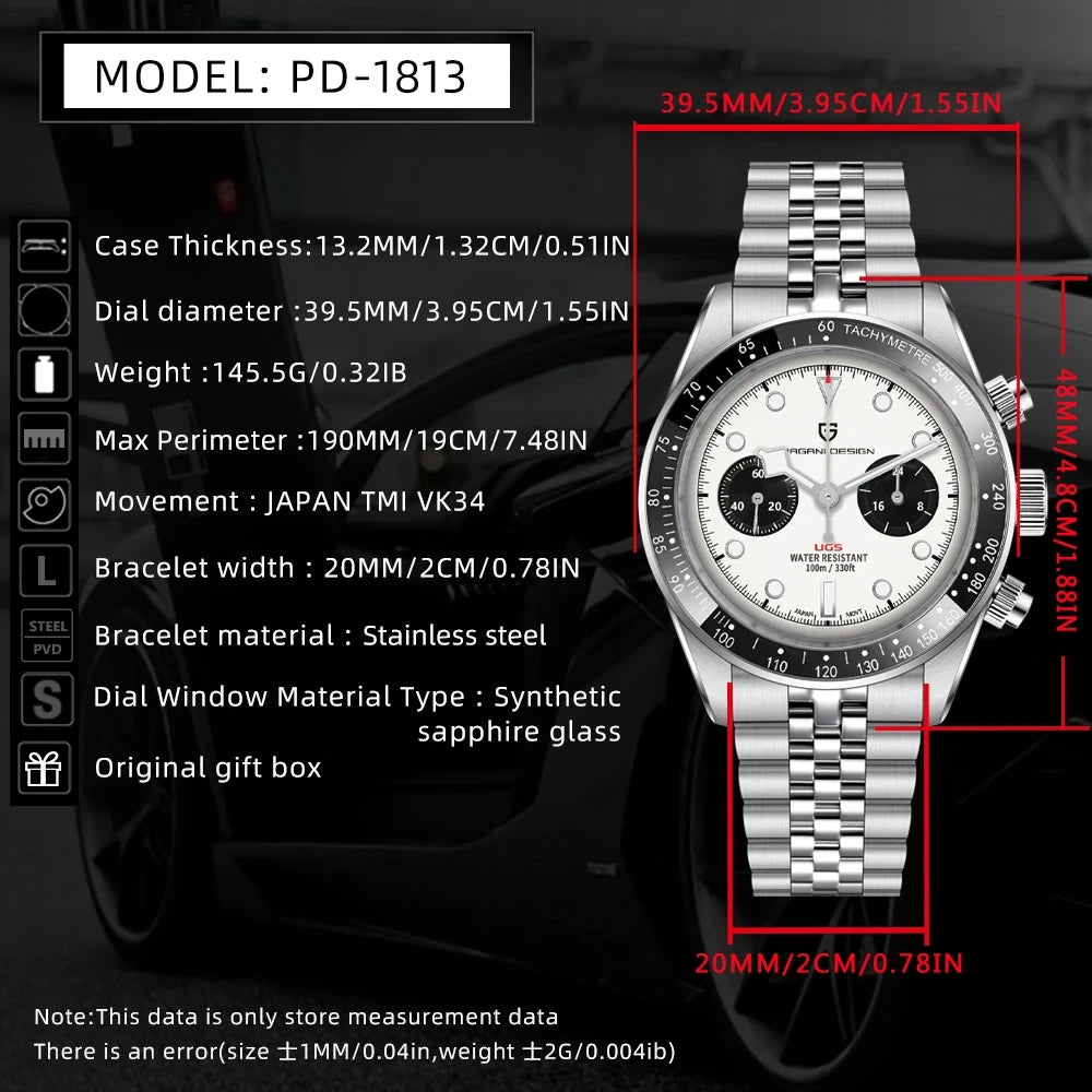 Pagani Design Panda Chronograph Watch with 100m Water Resistance