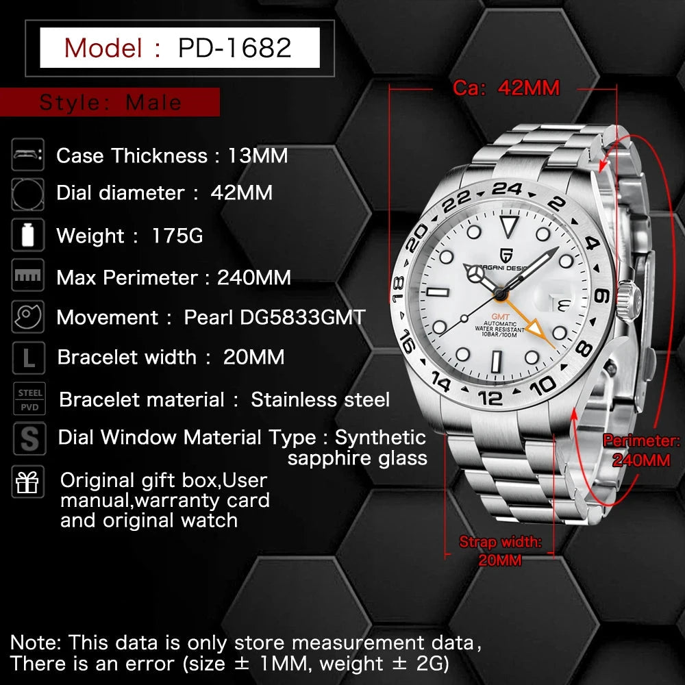 Pagani Design 42mm GMT Automatic Watch with Sapphire Crystal