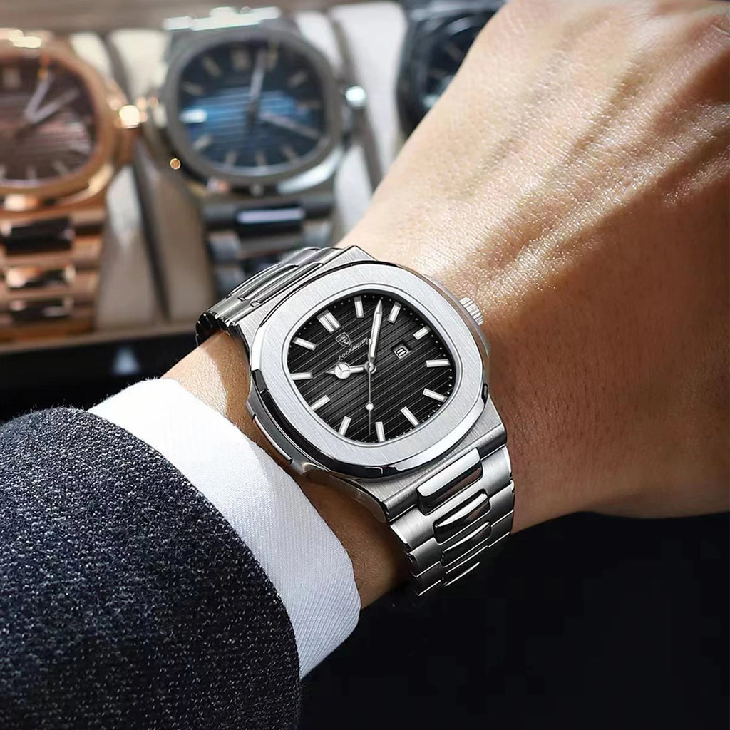 POEDAGAR Square Men's Quartz Watch – Stainless Steel