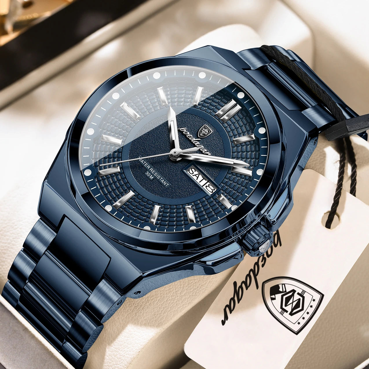 POEDAGAR Men's Quartz Watch Stainless Steel Waterproof Luminous Date