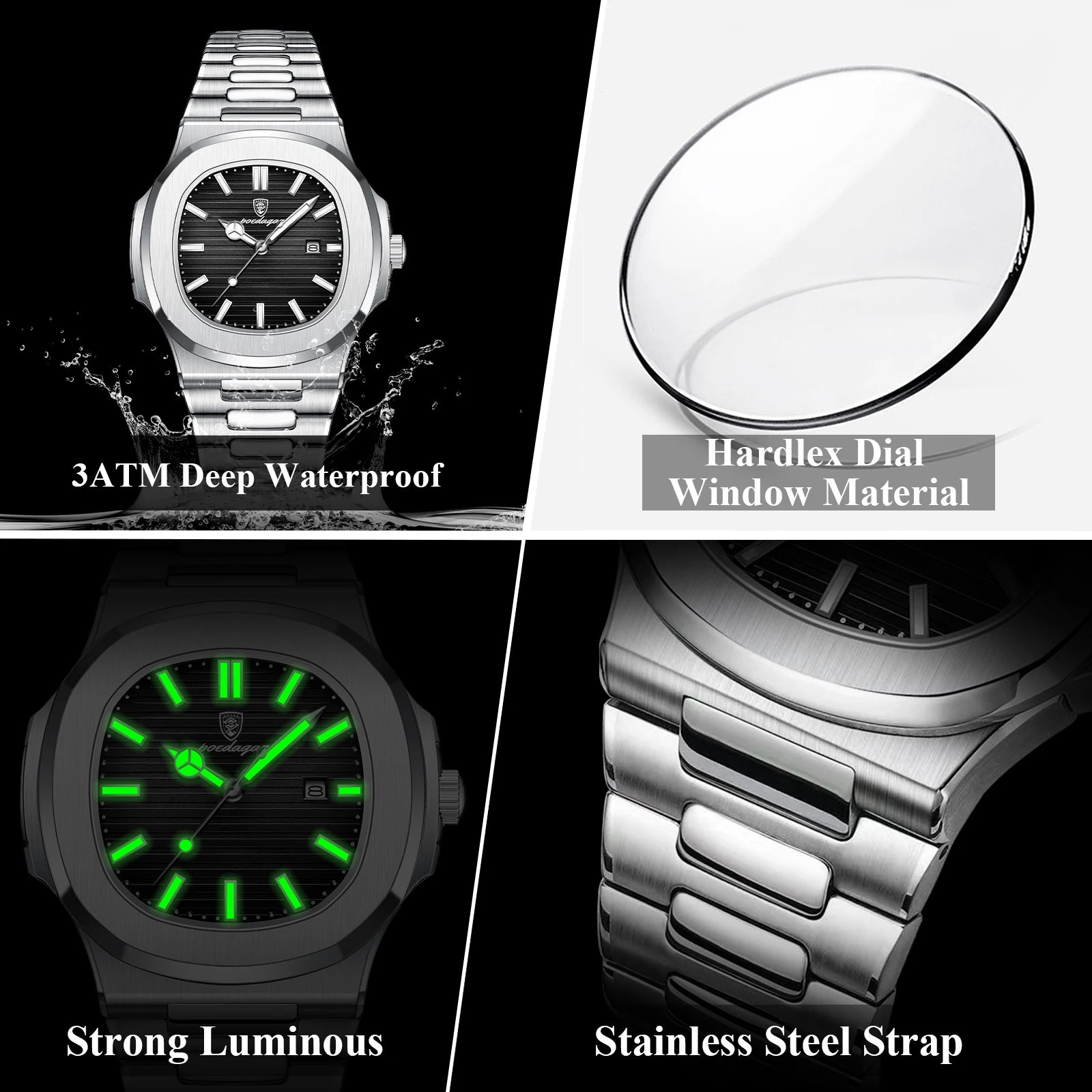 POEDAGAR Square Men's Quartz Watch – Stainless Steel