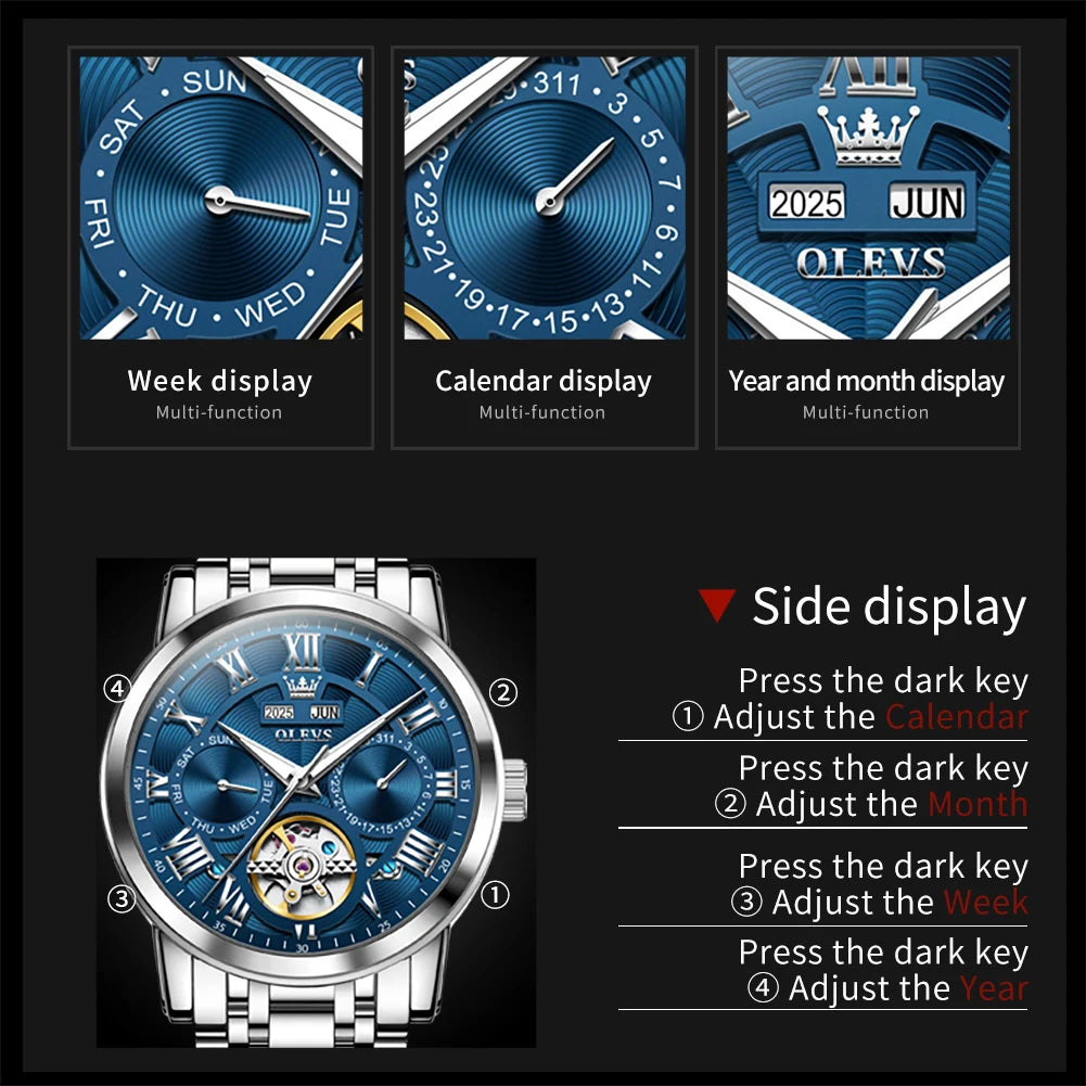 OLEVS 6668 Automatic Skeleton Watch with Stainless Steel Bracelet