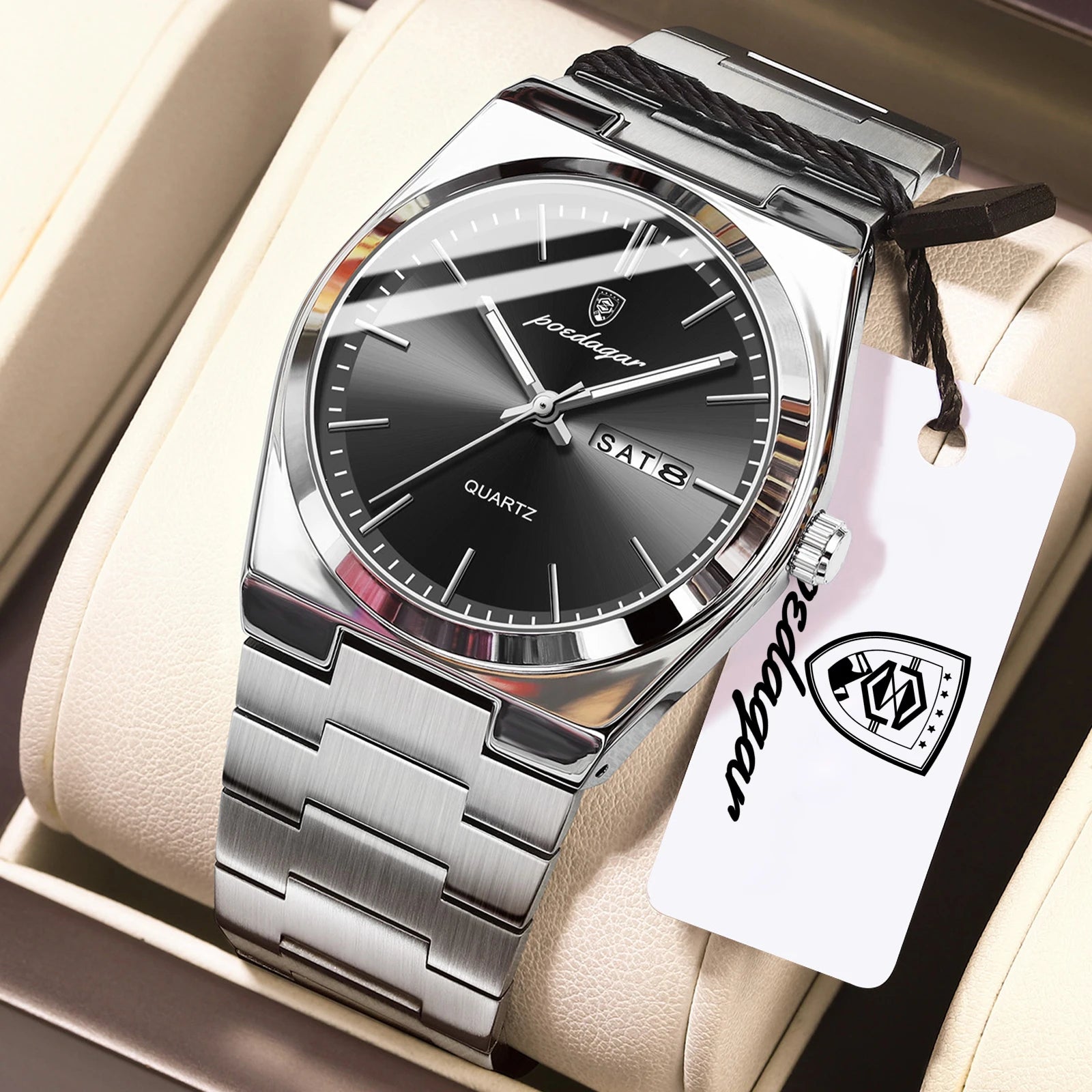 POEDAGAR Green Dial Quartz Watch for Men – Stainless Steel