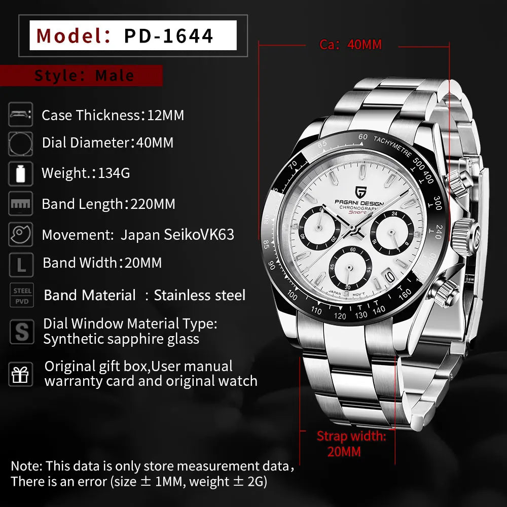 PAGANI DESIGN PD-1644 Men's Quartz Watch – Sapphire Crystal 100M