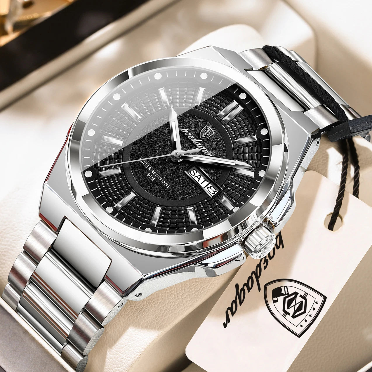 POEDAGAR Men's Quartz Watch Stainless Steel Waterproof Luminous Date