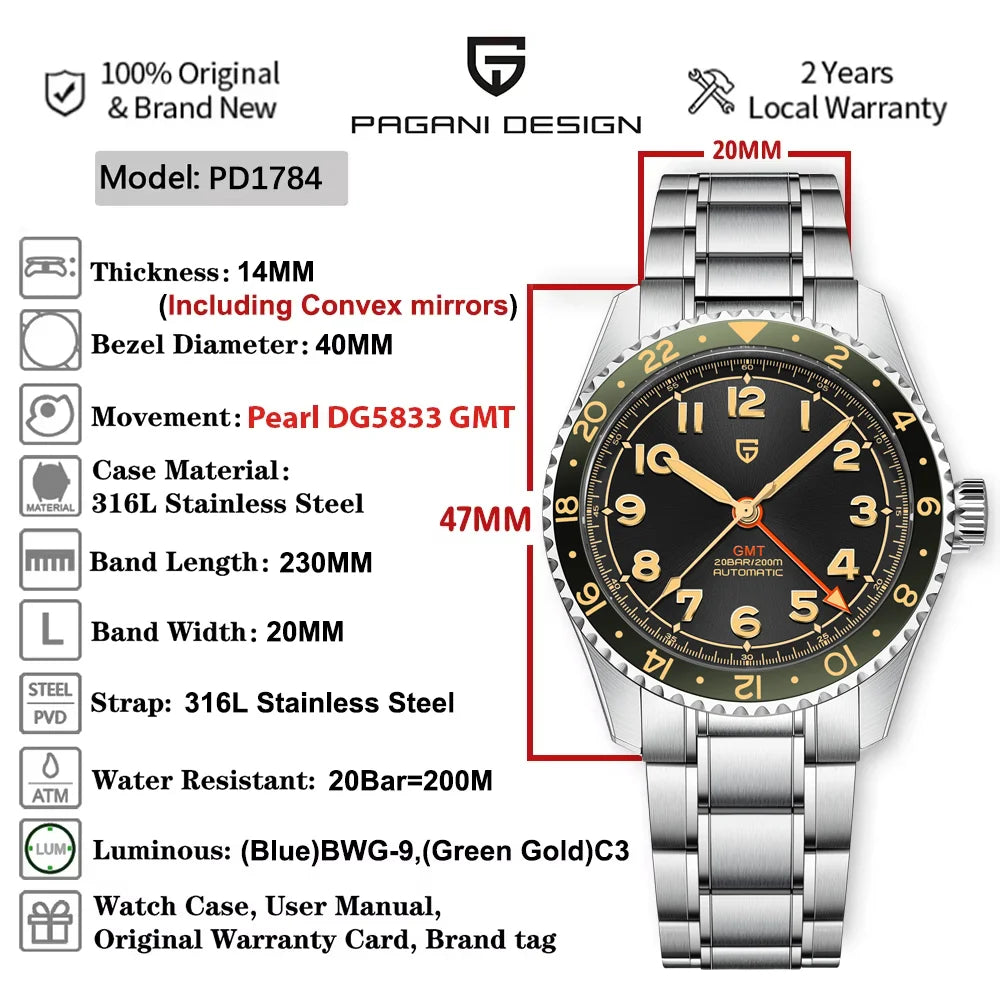 PAGANI DESIGN PD1784 GMT Automatic Watch – Sapphire Crystal 200M