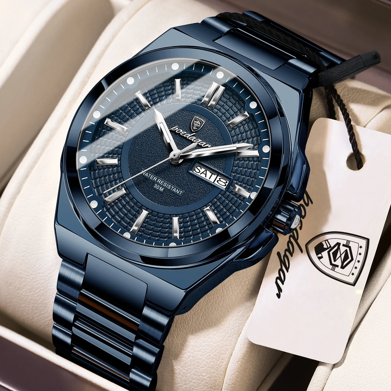 POEDAGAR Men's Quartz Watch Stainless Steel Waterproof Luminous Date