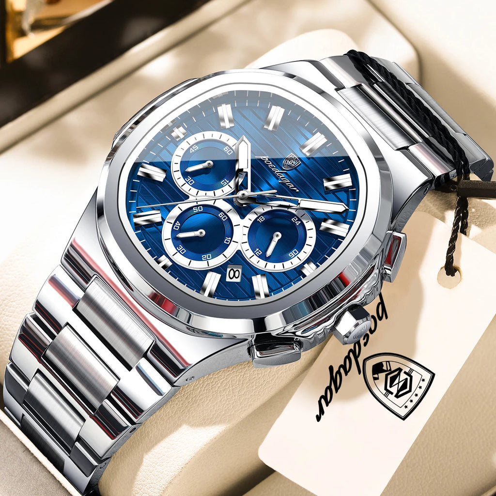 POEDAGAR Men's Quartz Chronograph Watch – Stainless Steel