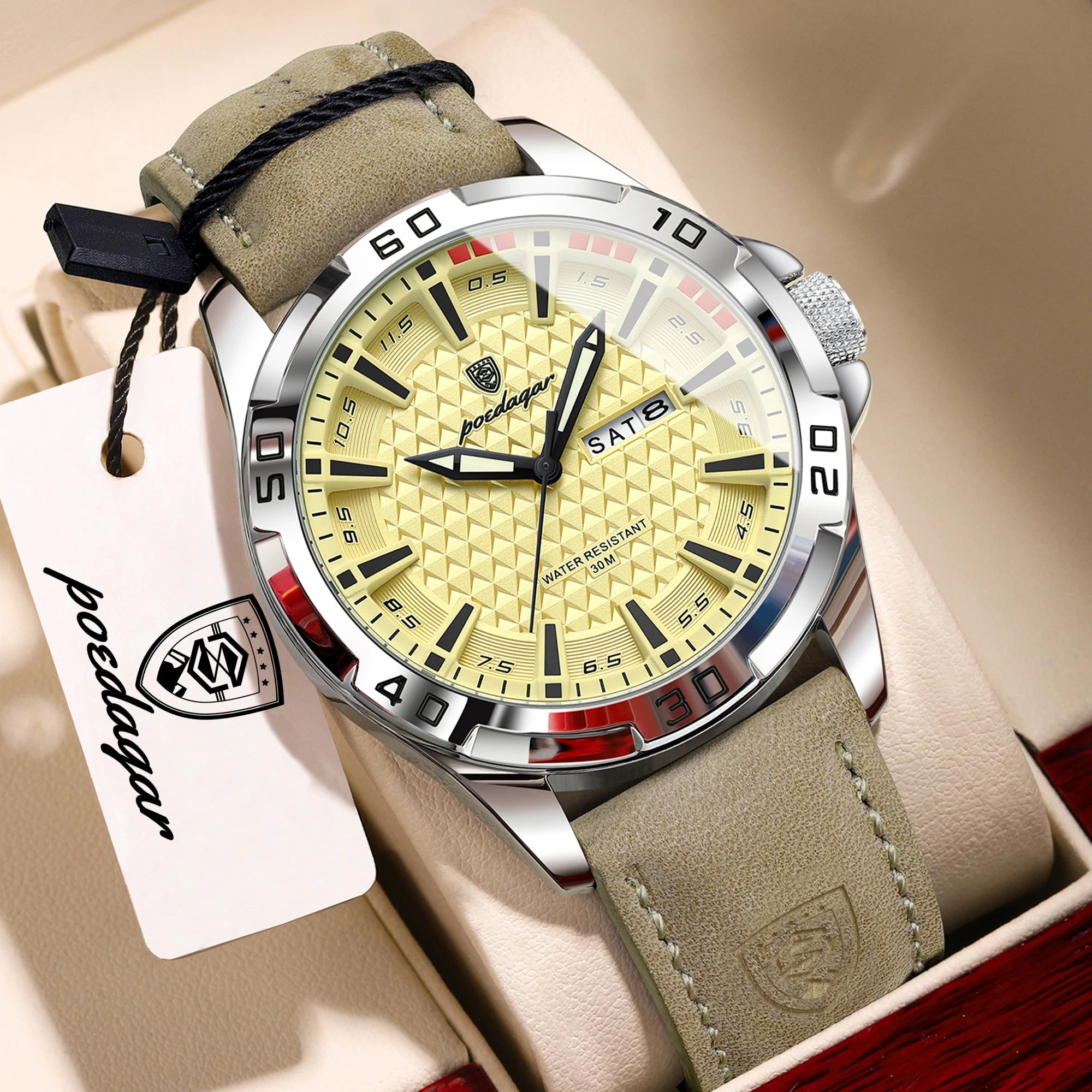 POEDAGAR Leather Quartz Watch Date Week Display for Men