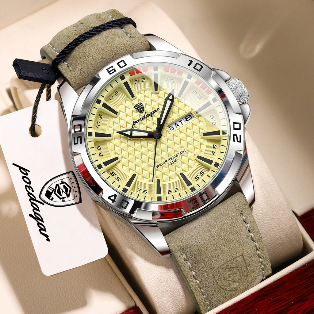 POEDAGAR Men's Quartz Watch – Leather Strap