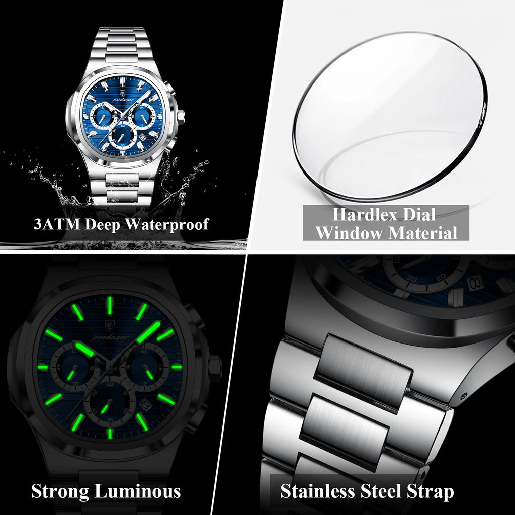 POEDAGAR Men's Quartz Chronograph Watch – Stainless Steel