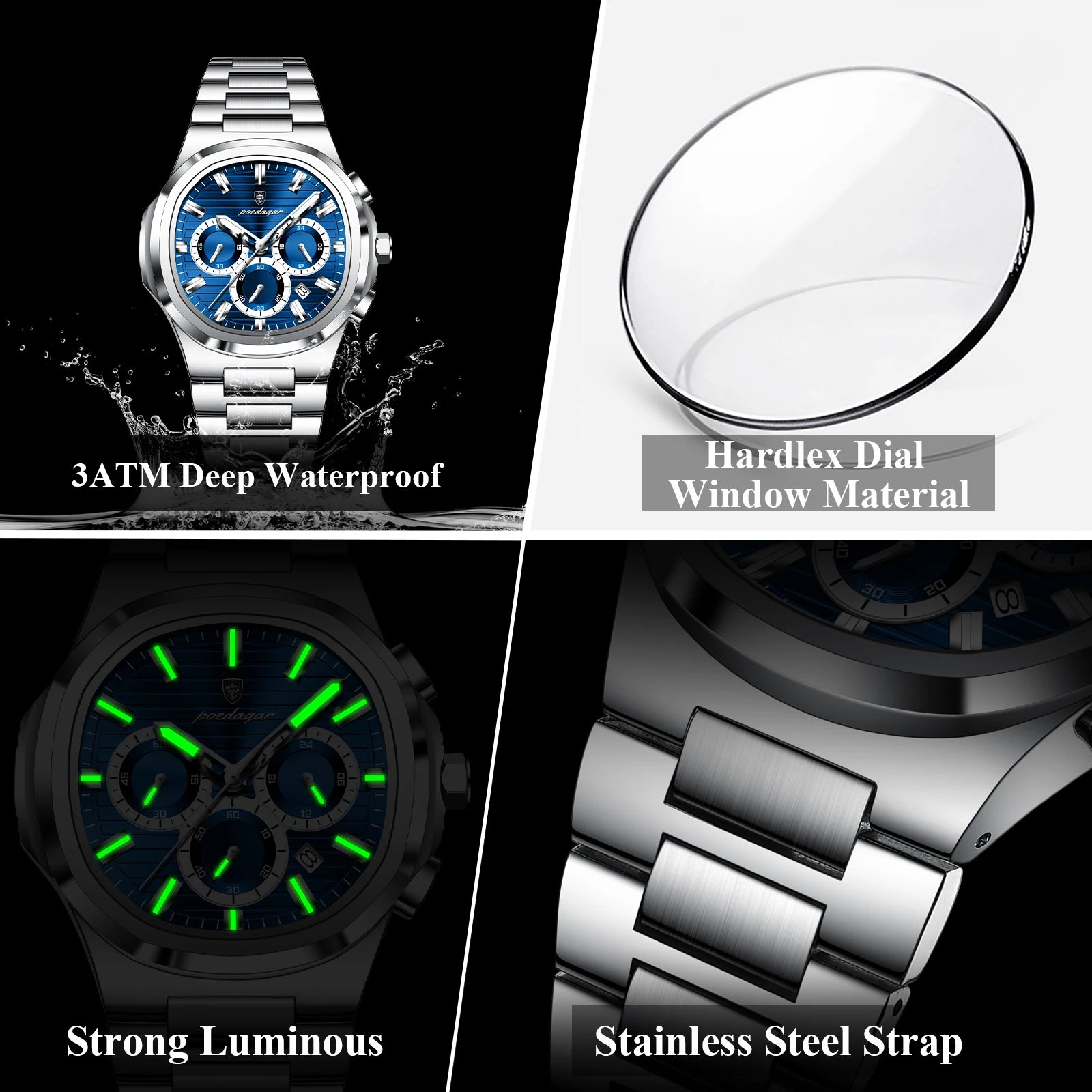 POEDAGAR Men's Quartz Chronograph Watch – Stainless Steel