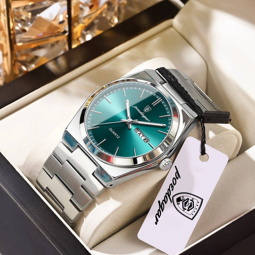 POEDAGAR Green Dial Quartz Watch for Men – Stainless Steel