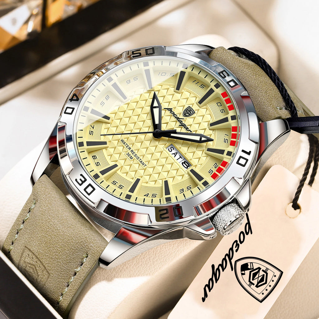 POEDAGAR Leather Quartz Watch Date Week Display for Men