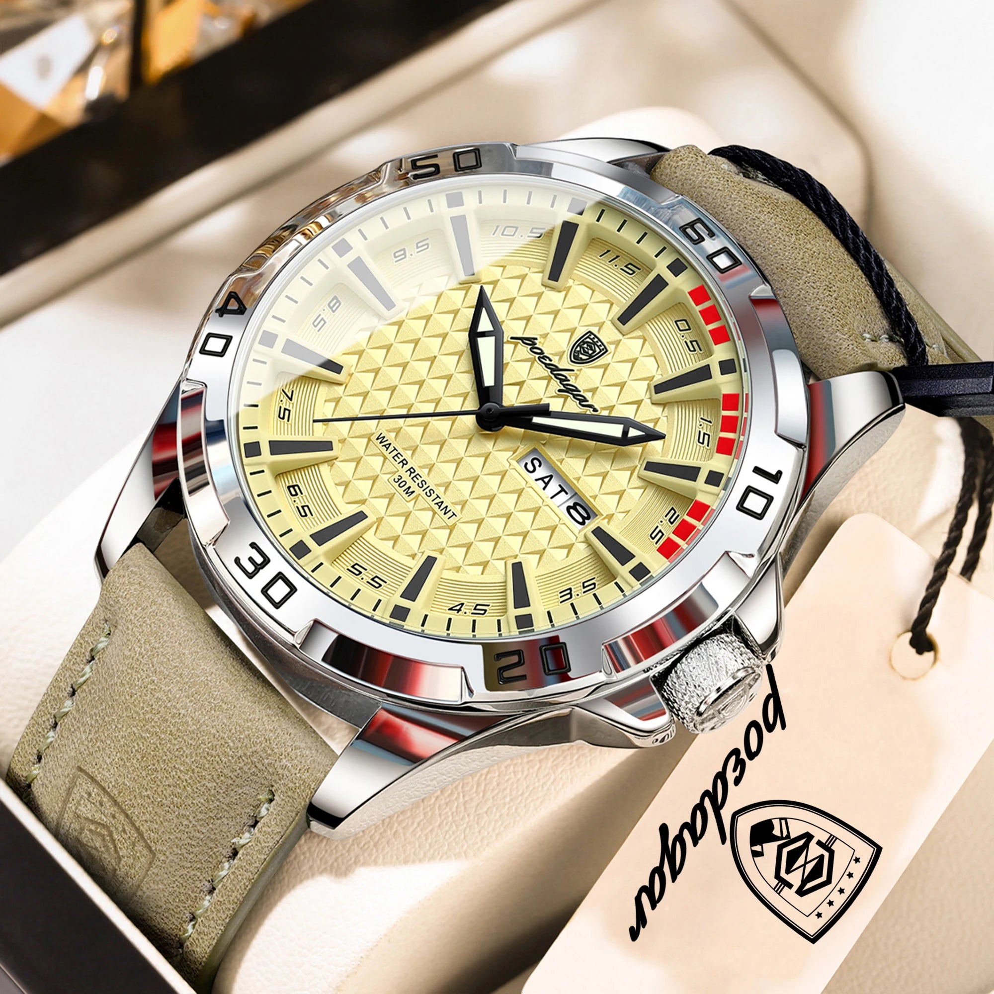POEDAGAR Men's Quartz Watch – Leather Strap