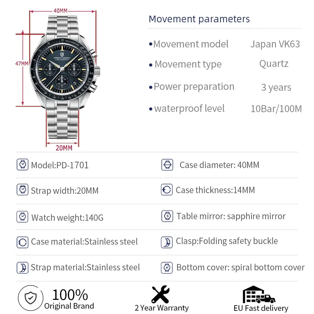 PAGANI DESIGN 1701 Moon Chronograph Watch Men VK63 Sapphire Crystal 100M