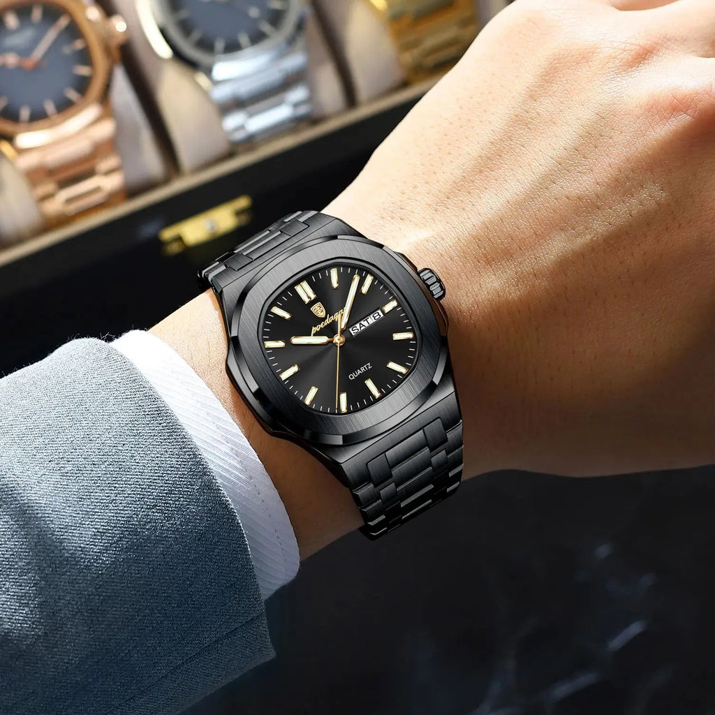 POEDAGAR Square Men's Quartz Watch – Stainless Steel