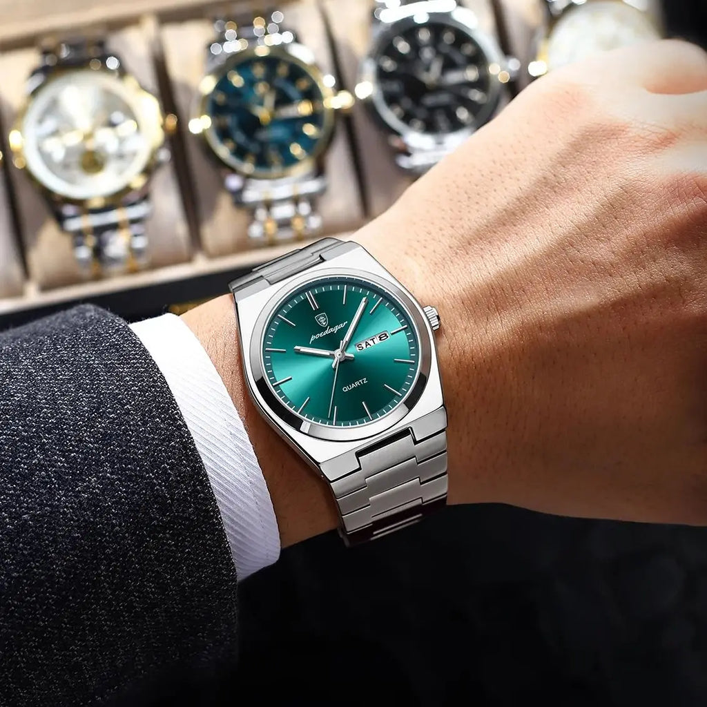 POEDAGAR Luxury Quartz Watch Stainless Steel Luminous Date Men