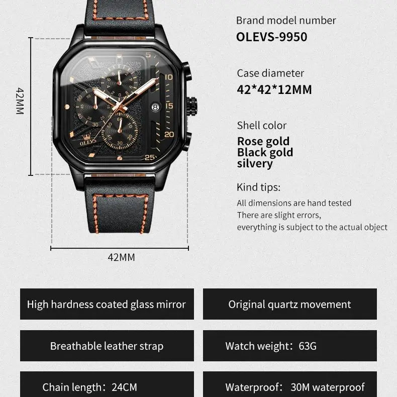 OLEVS 9950 Square Chronograph Watch - Classy Versatility