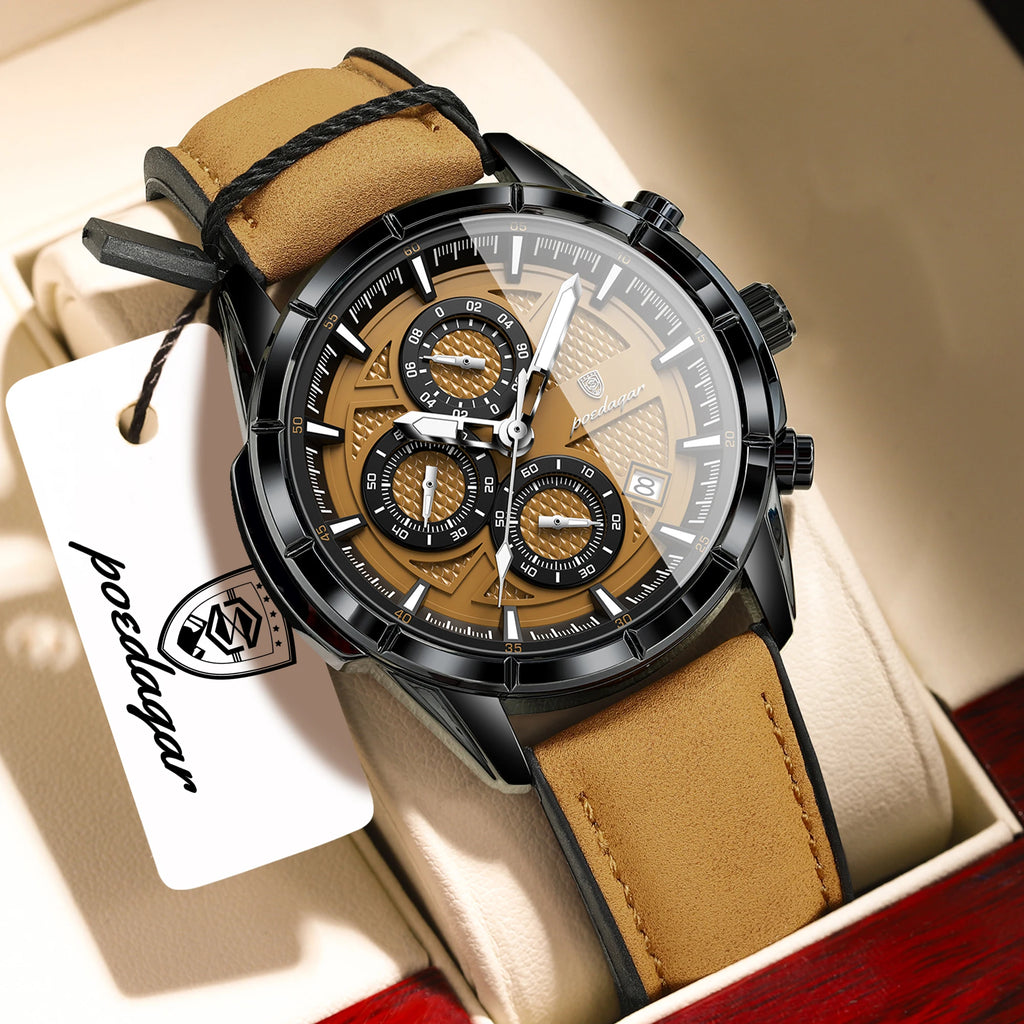 POEDAGAR Leather Chronograph Quartz Watch for Men Waterproof
