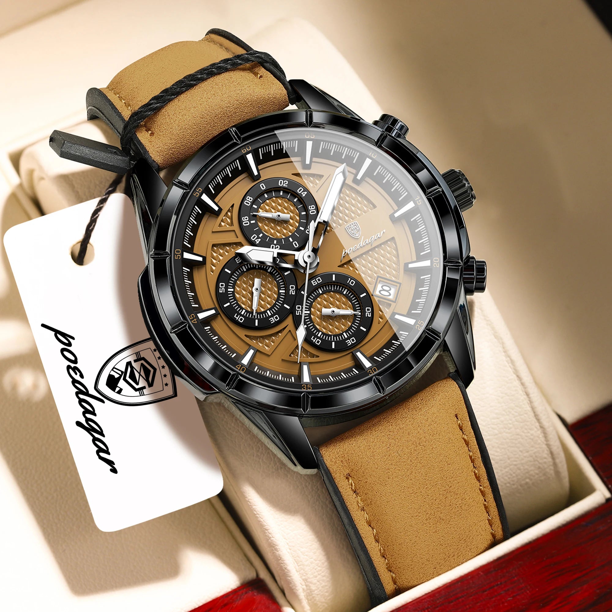 POEDAGAR Men's Quartz Chronograph Watch – Leather Strap