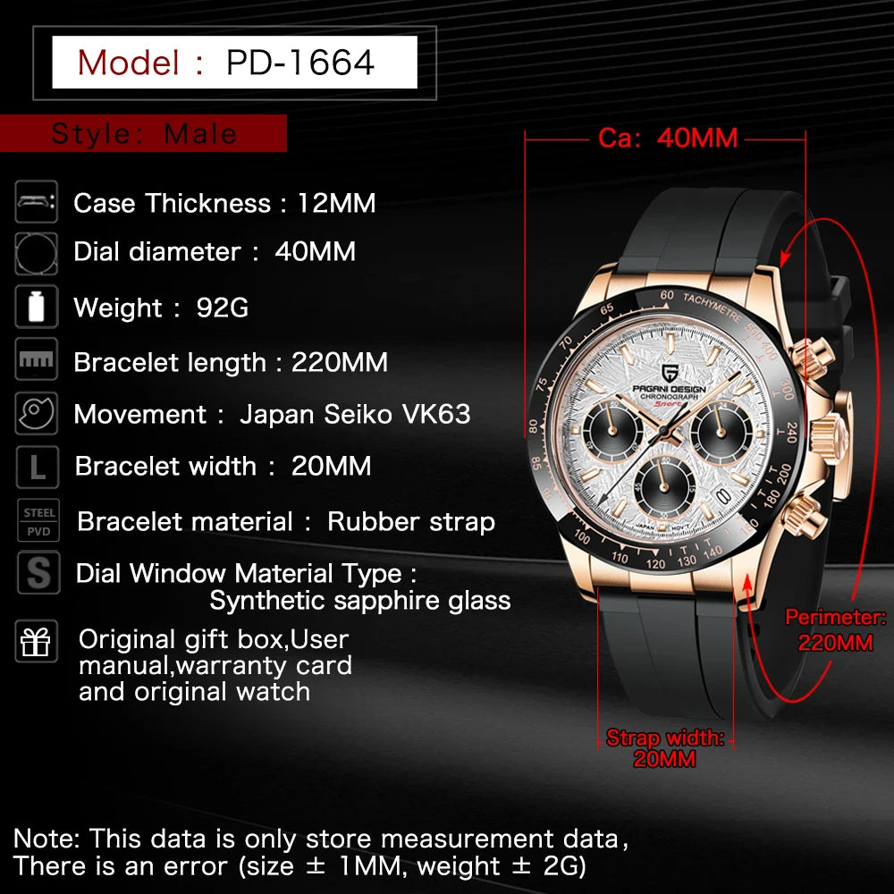 PAGANI DESIGN V2 40mm Men's Quartz Chronograph Watch – Sapphire Crystal, Stainless Steel, 100M Water Resistant