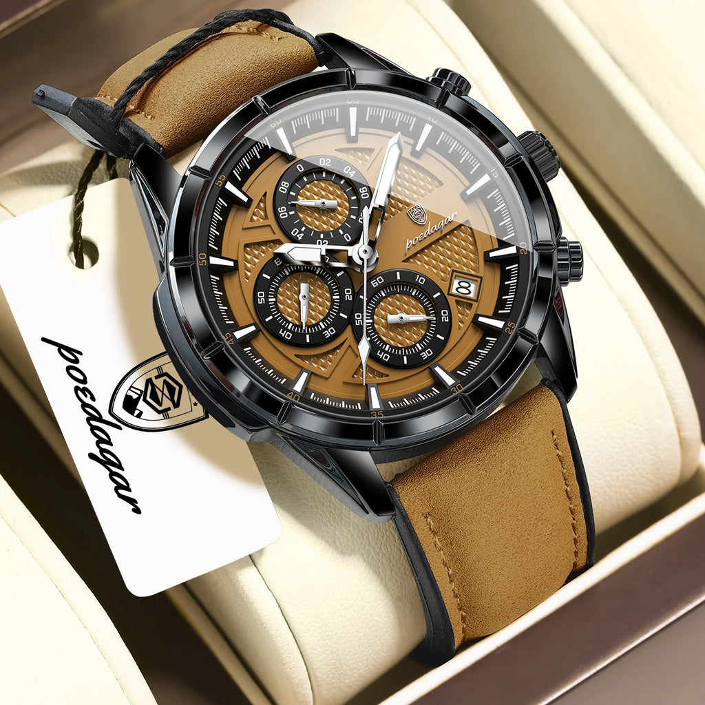 POEDAGAR Leather Chronograph Quartz Watch for Men Waterproof