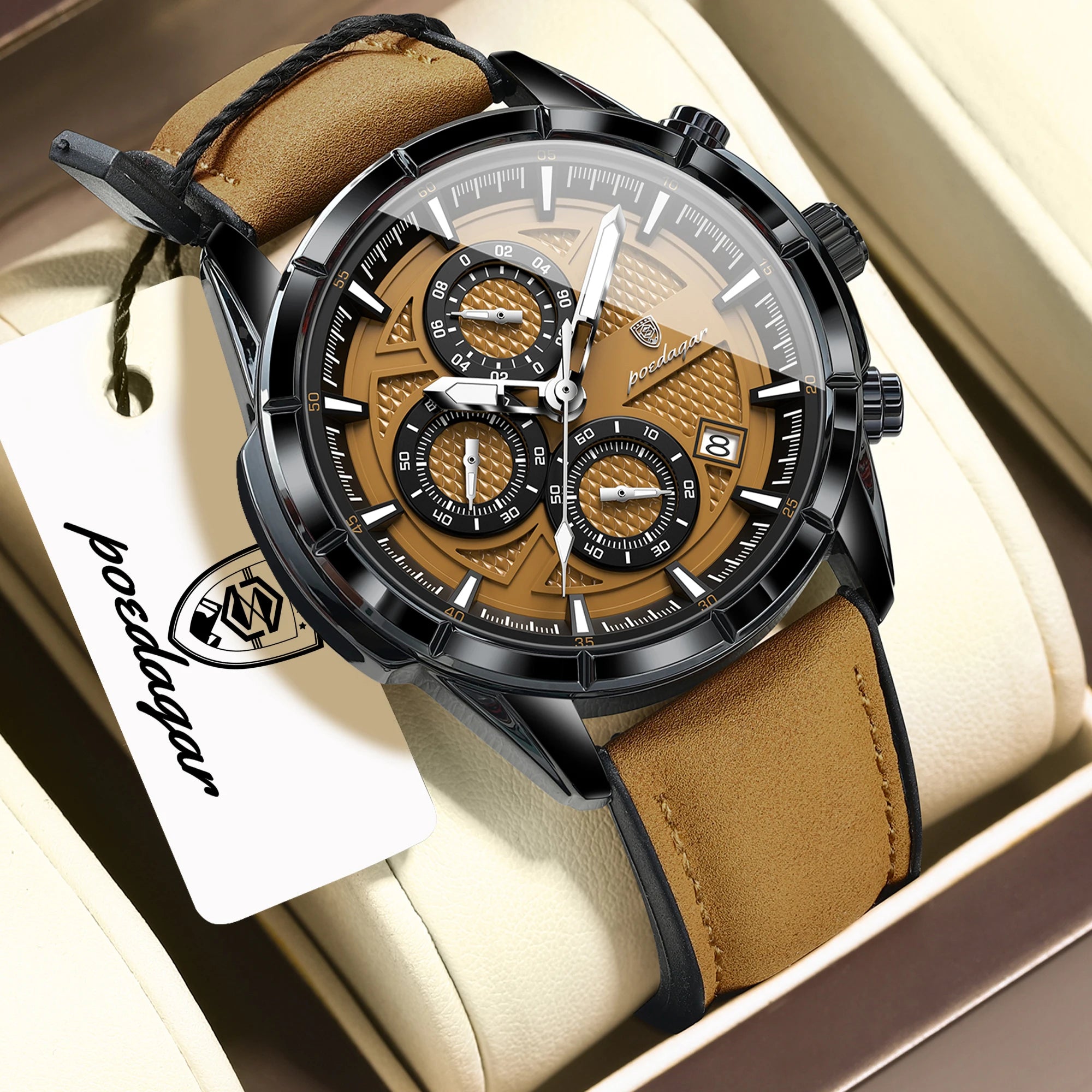 POEDAGAR Men's Quartz Chronograph Watch – Leather Strap