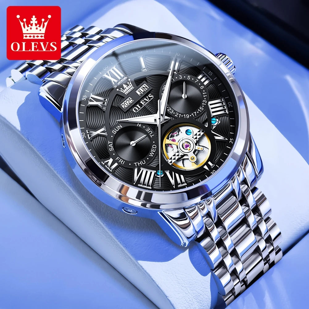 OLEVS 6668 Automatic Skeleton Watch with Stainless Steel Bracelet