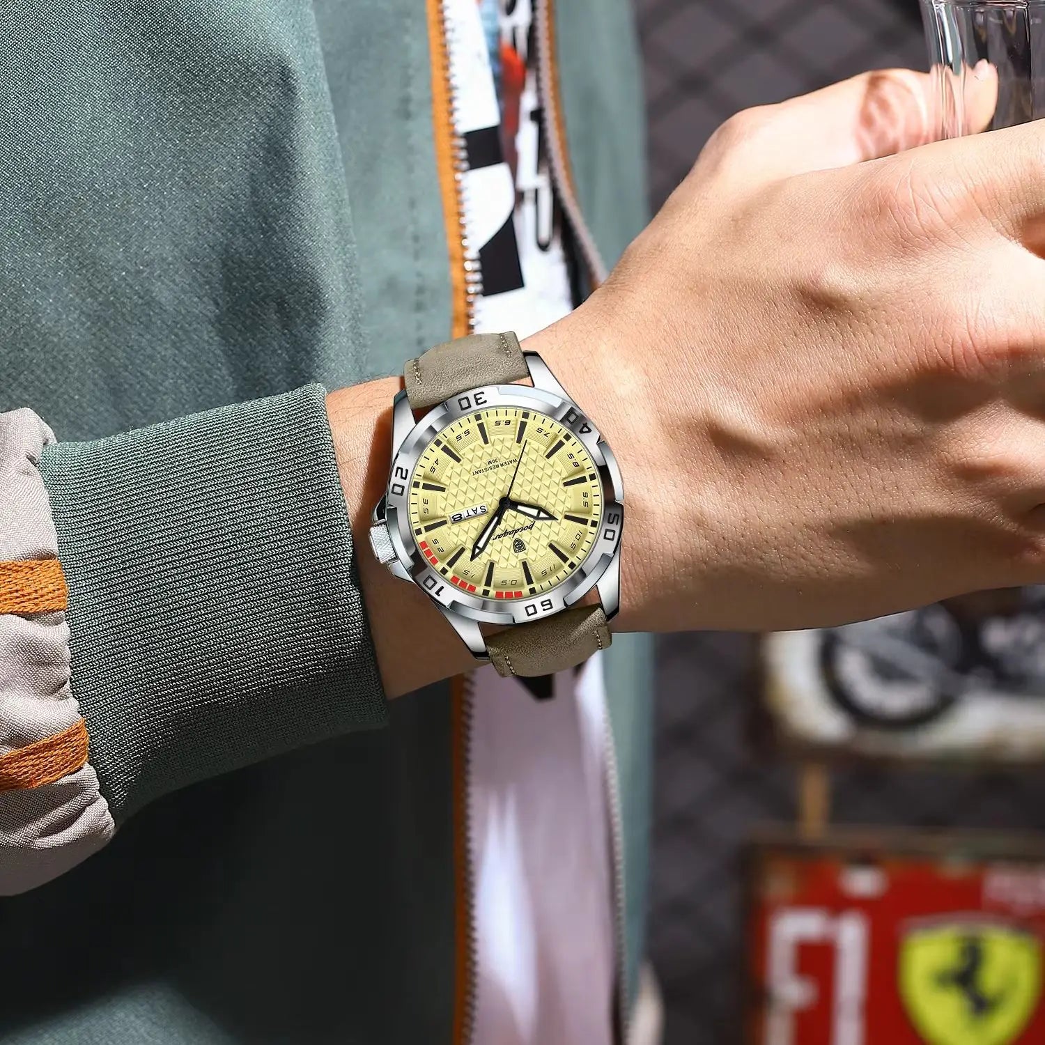 POEDAGAR Leather Quartz Watch Date Week Display for Men