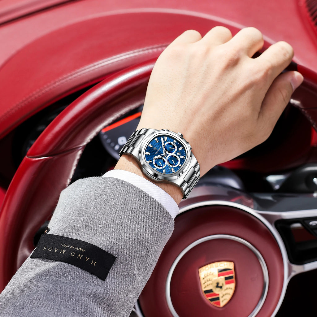 POEDAGAR Chronograph Quartz Watch Stainless Steel Blue Dial Men