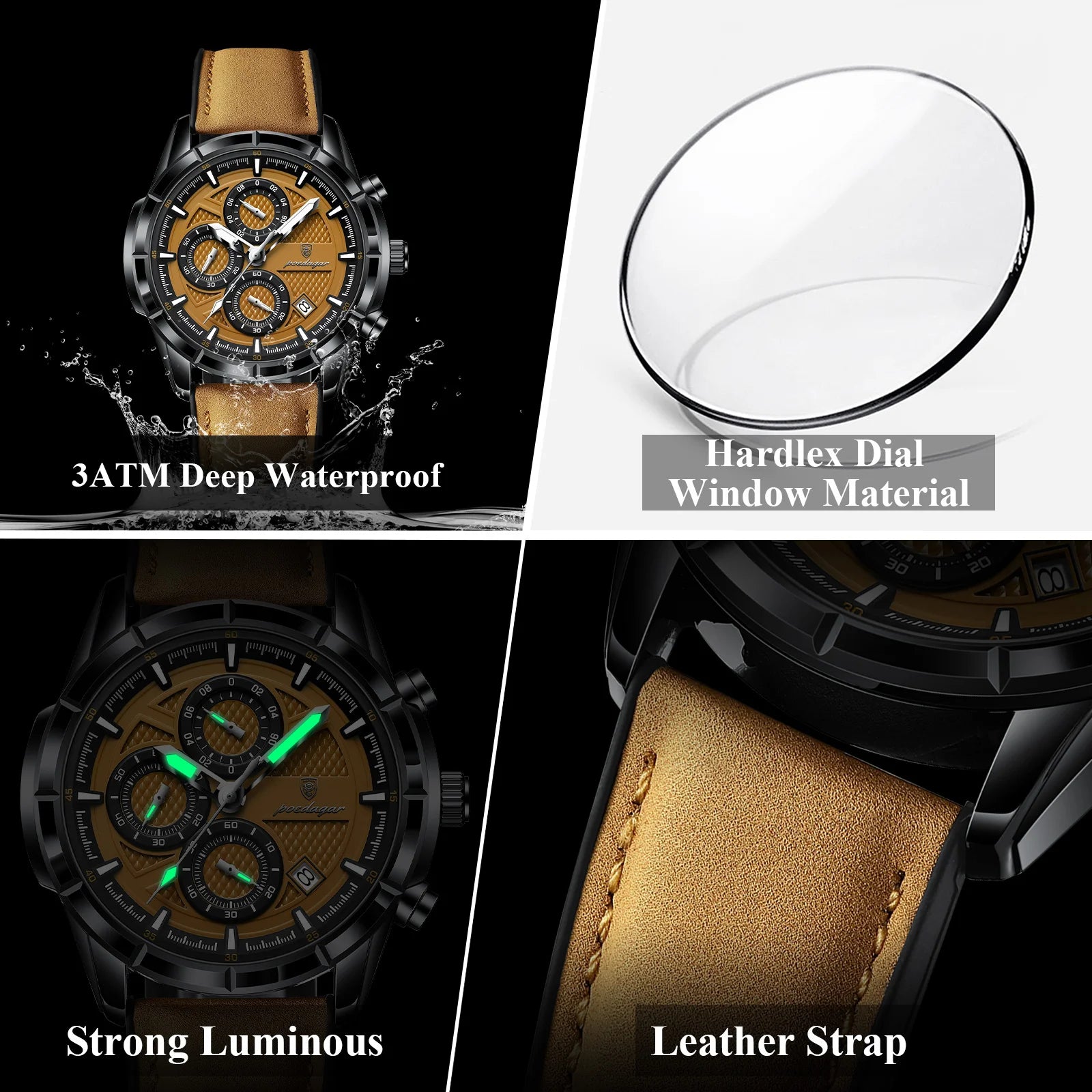 POEDAGAR Leather Chronograph Quartz Watch for Men Waterproof