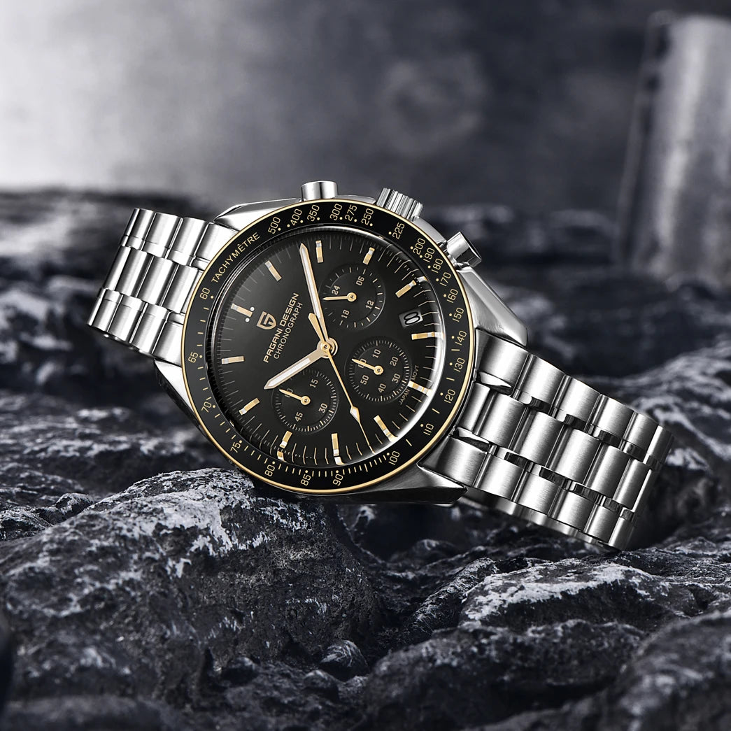 PAGANI DESIGN Gold Quartz Chronograph Watch for Men – Sapphire Crystal, Stainless Steel, Luminous