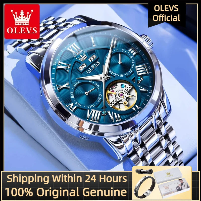 OLEVS 6668 Automatic Skeleton Watch with Stainless Steel Bracelet