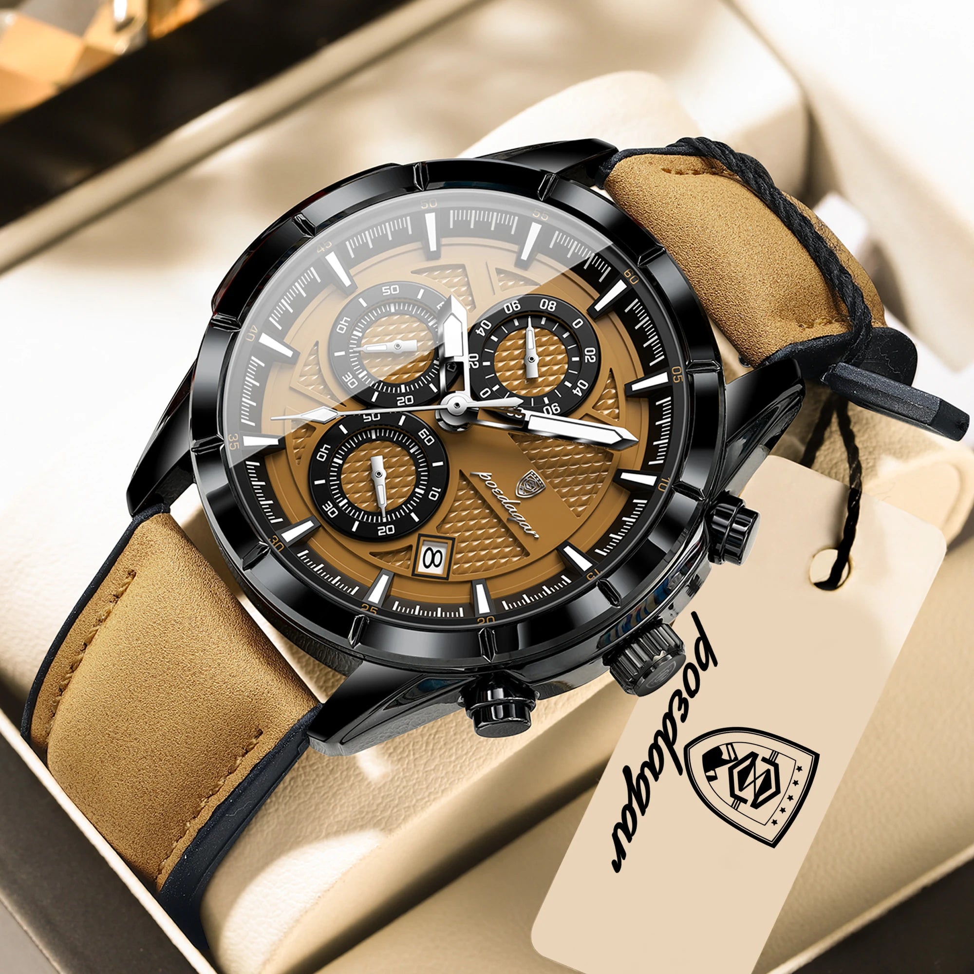 POEDAGAR Leather Chronograph Quartz Watch for Men Waterproof
