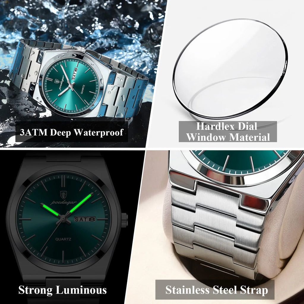 POEDAGAR Green Dial Quartz Watch for Men – Stainless Steel