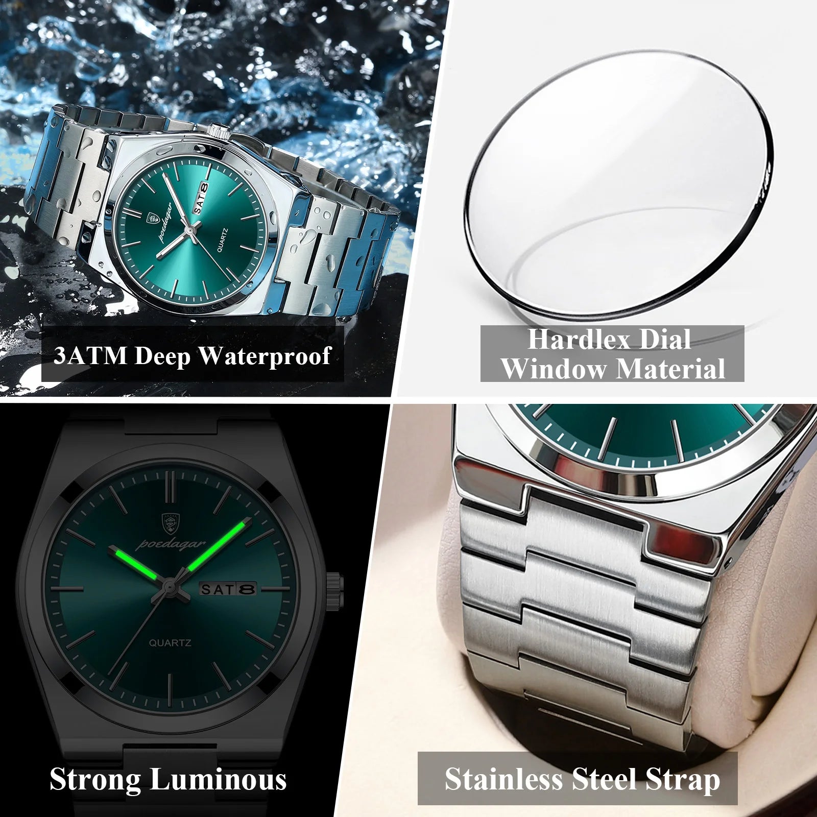 POEDAGAR Luxury Quartz Watch Stainless Steel Luminous Date Men
