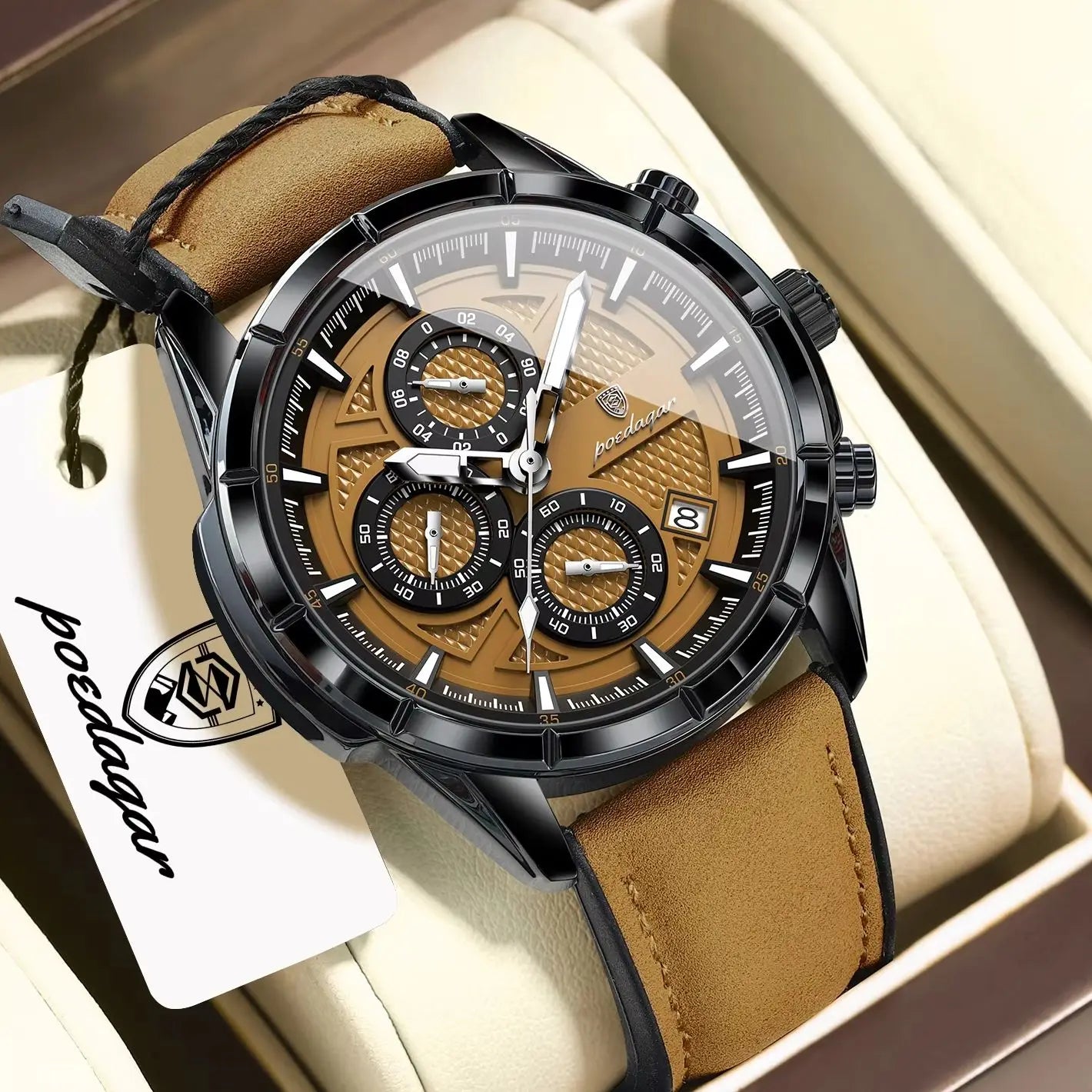 POEDAGAR Men's Quartz Chronograph Watch – Leather Strap