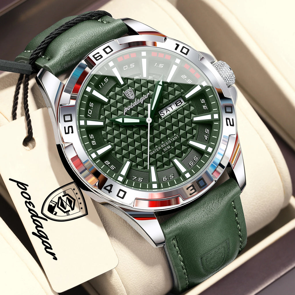 POEDAGAR Leather Quartz Watch Date Week Display for Men
