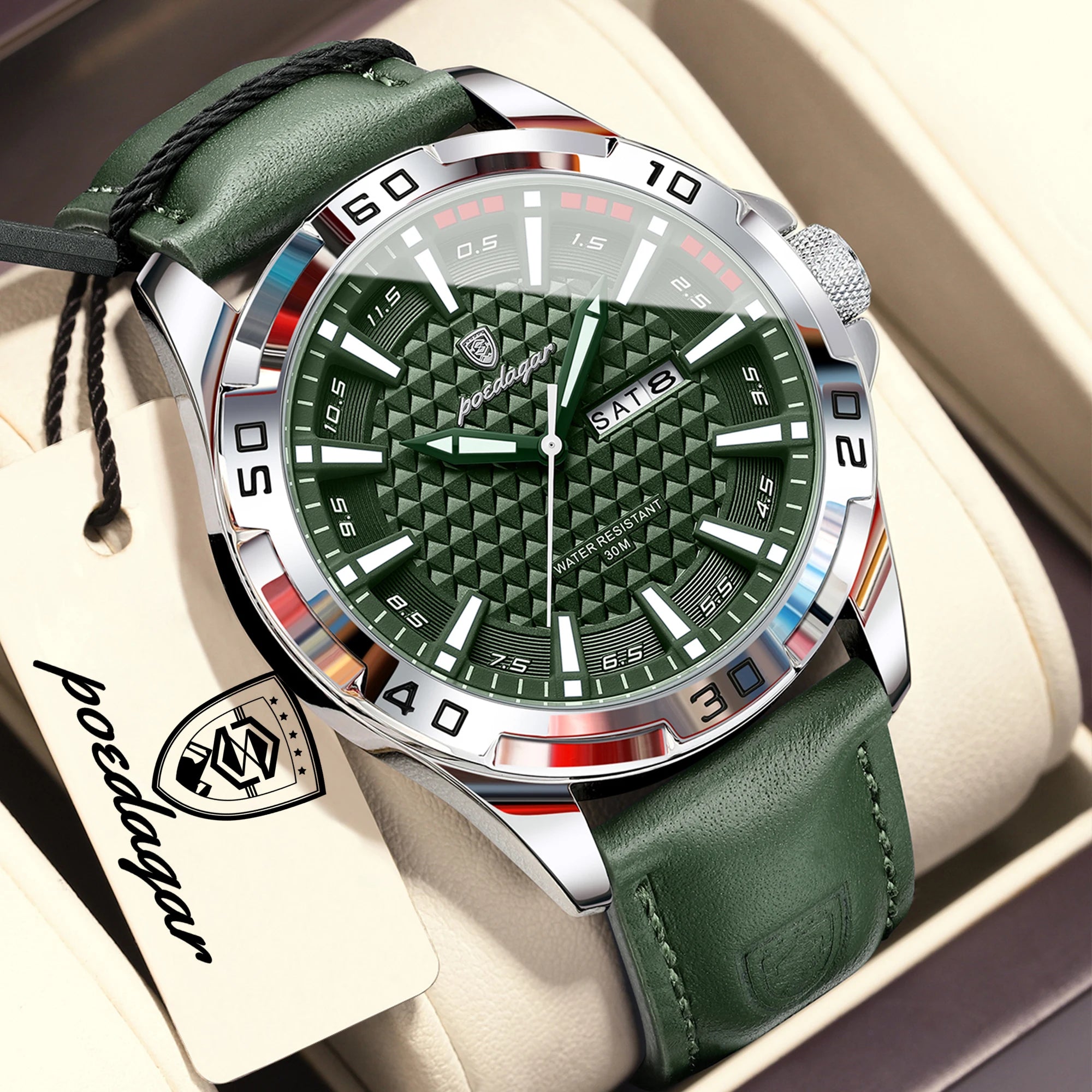 POEDAGAR Men's Quartz Watch – Leather Strap