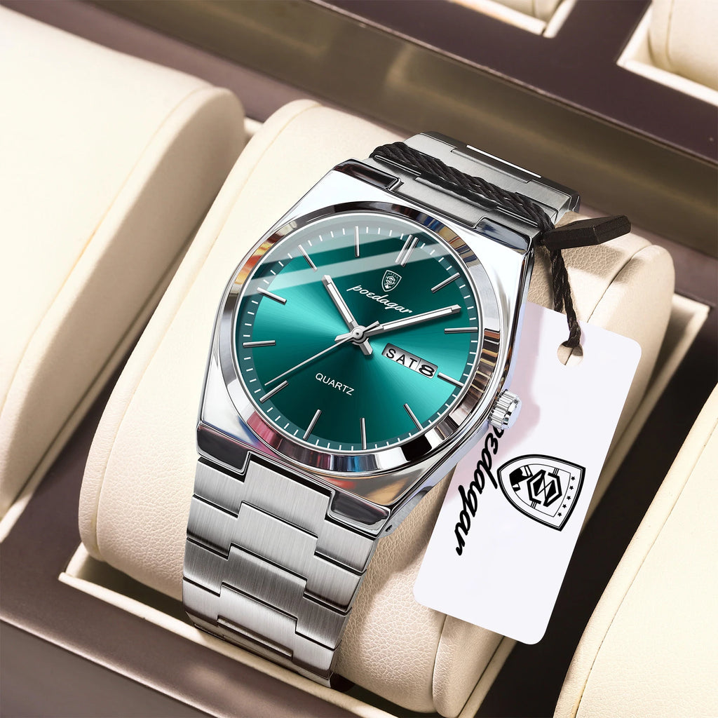 POEDAGAR Green Dial Quartz Watch for Men – Stainless Steel
