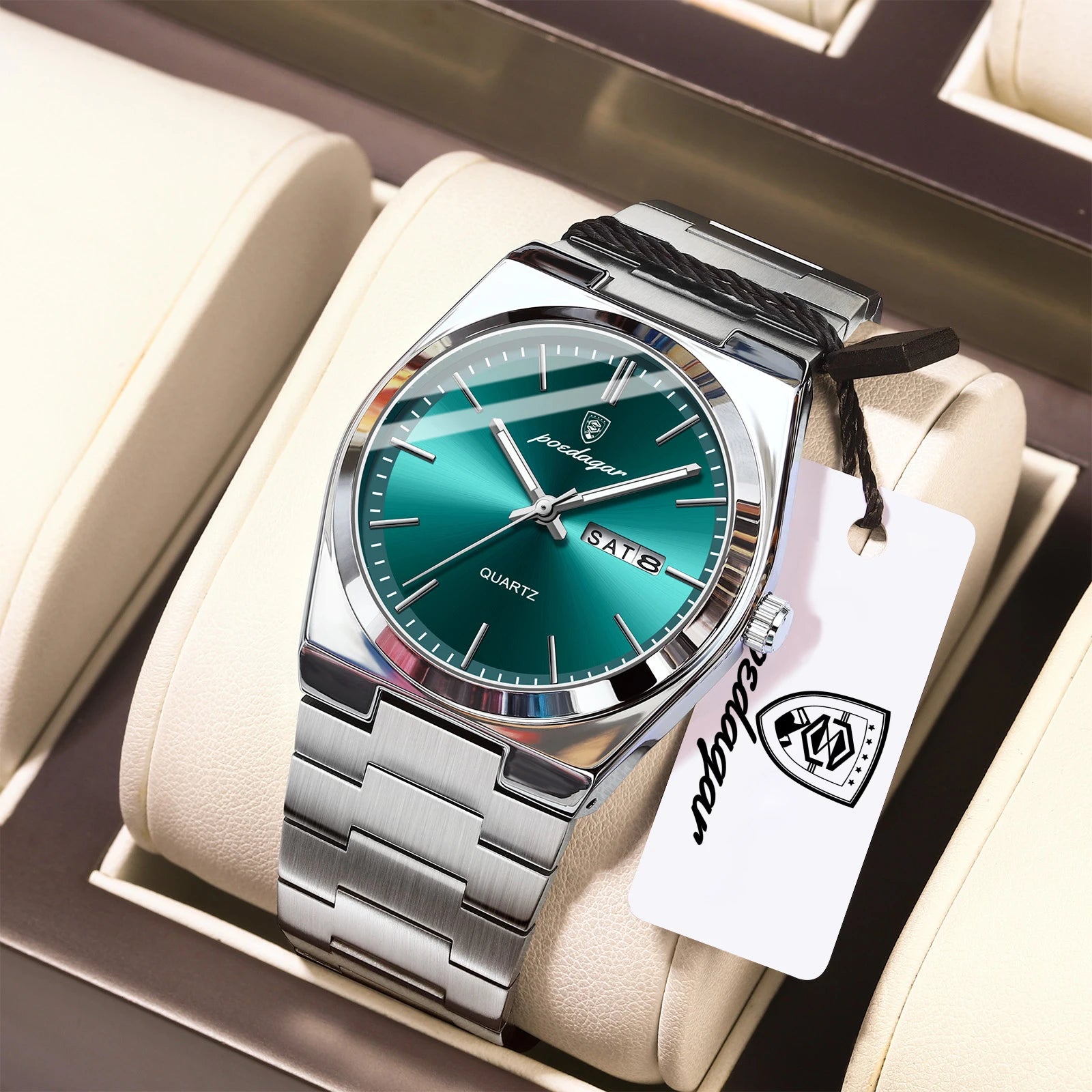 POEDAGAR Green Dial Quartz Watch for Men – Stainless Steel