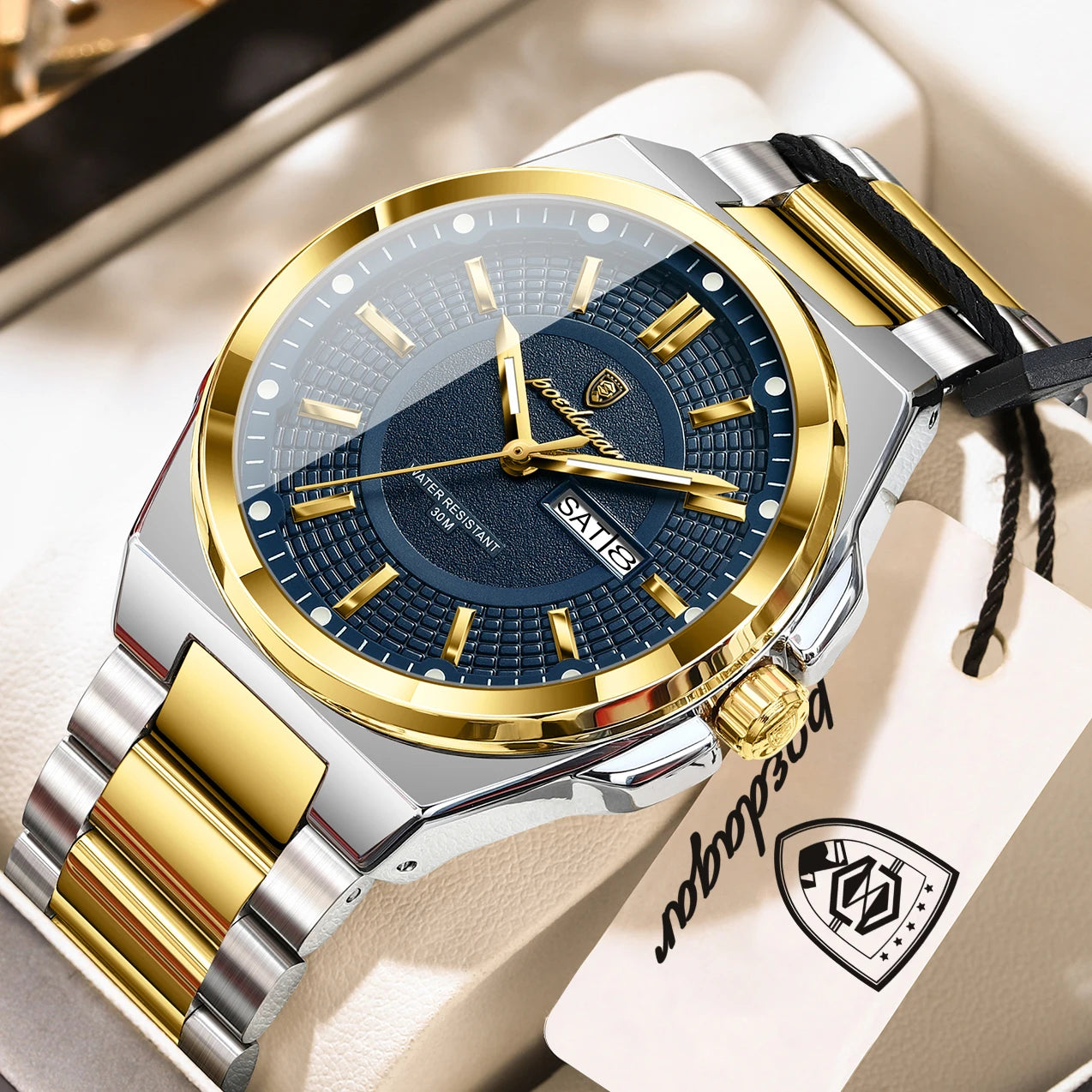 POEDAGAR Men's Quartz Watch Stainless Steel Waterproof Luminous Date