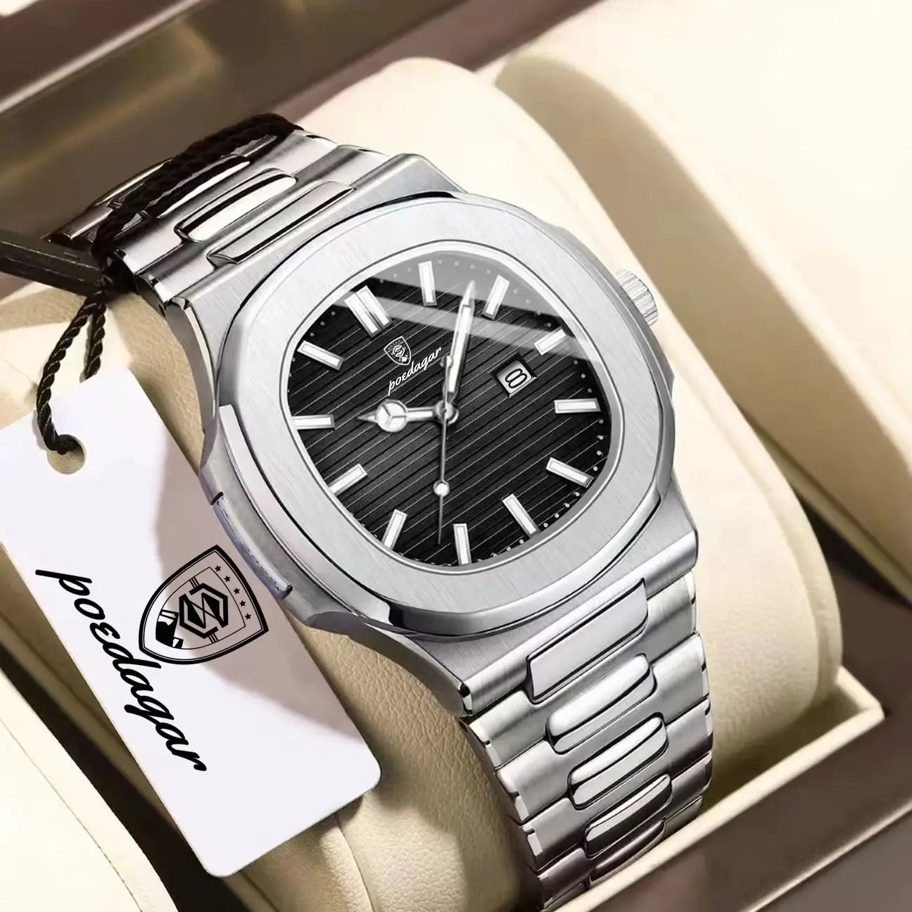 POEDAGAR Square Men's Quartz Watch – Stainless Steel