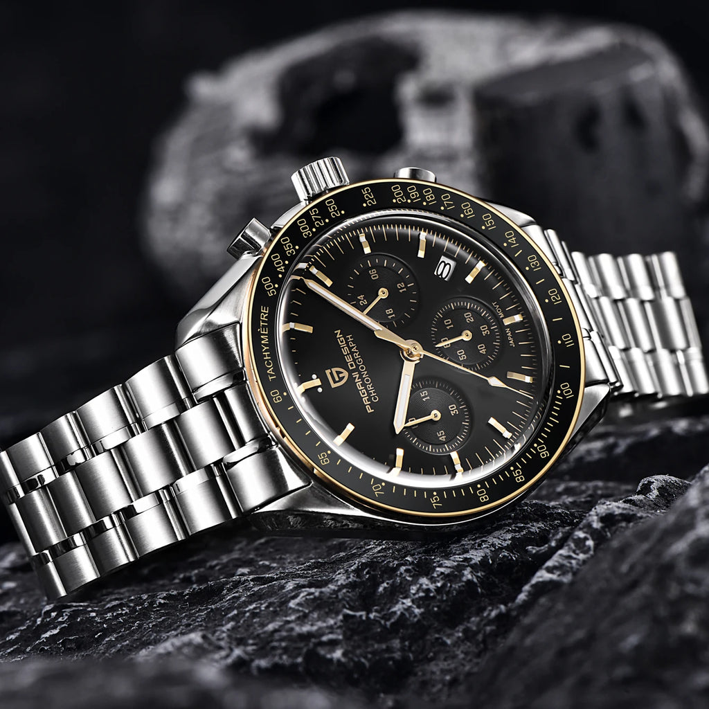 PAGANI DESIGN Gold Quartz Chronograph Watch for Men – Sapphire Crystal, Stainless Steel, Luminous