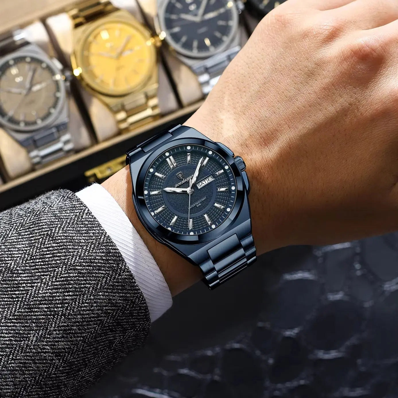 POEDAGAR Men's Quartz Watch Stainless Steel Waterproof Luminous Date