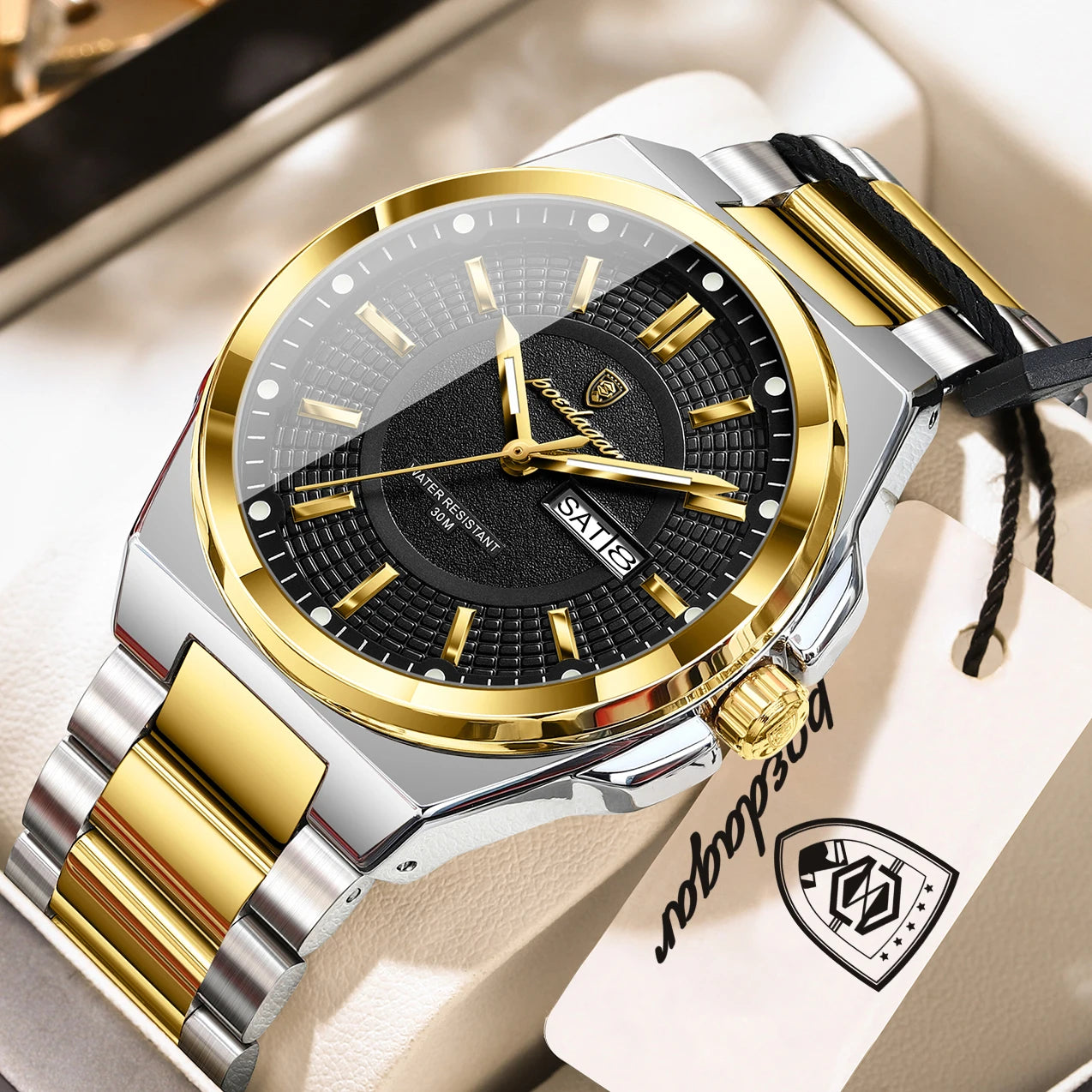 POEDAGAR Men's Quartz Watch Stainless Steel Waterproof Luminous Date