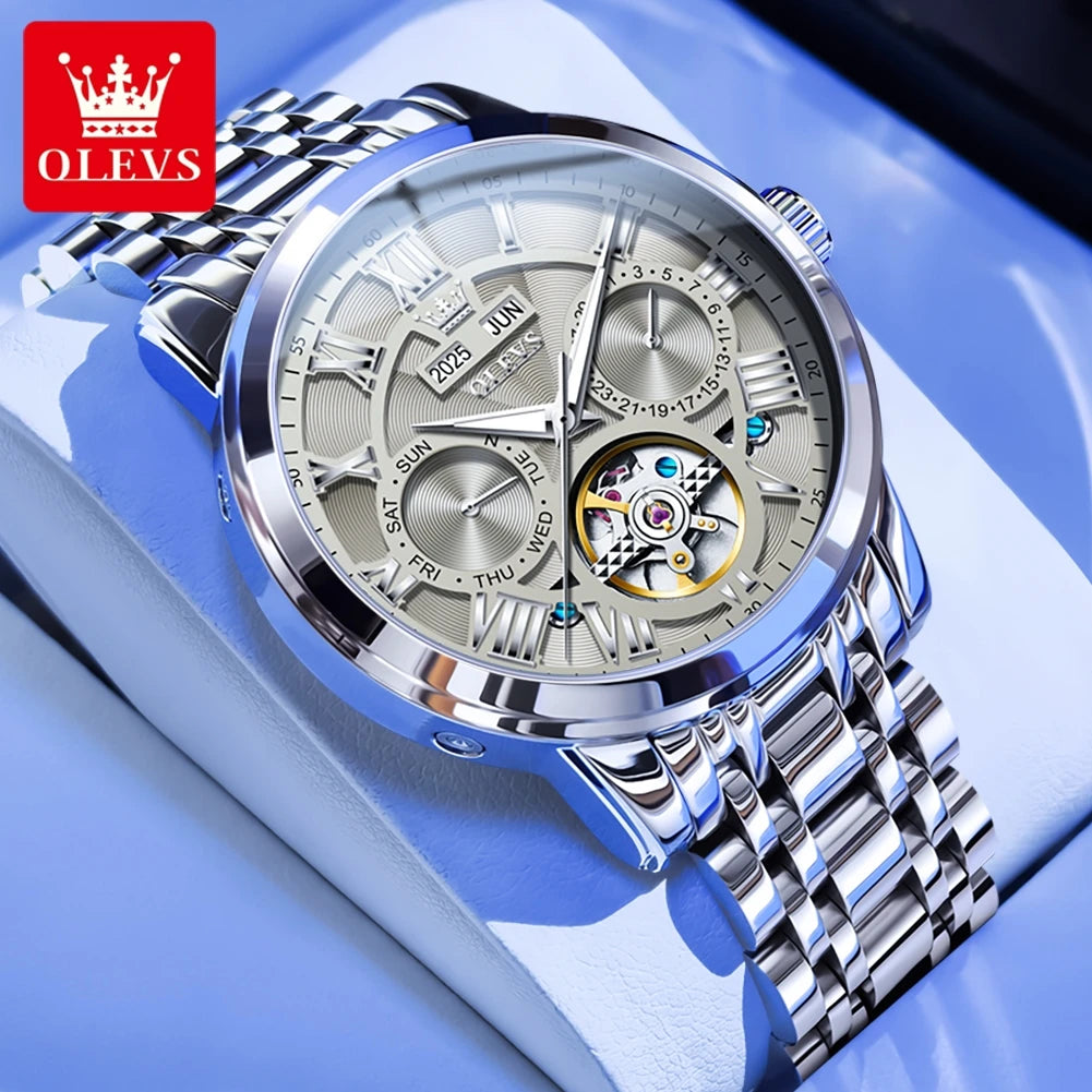 OLEVS 6668 Automatic Skeleton Watch with Stainless Steel Bracelet