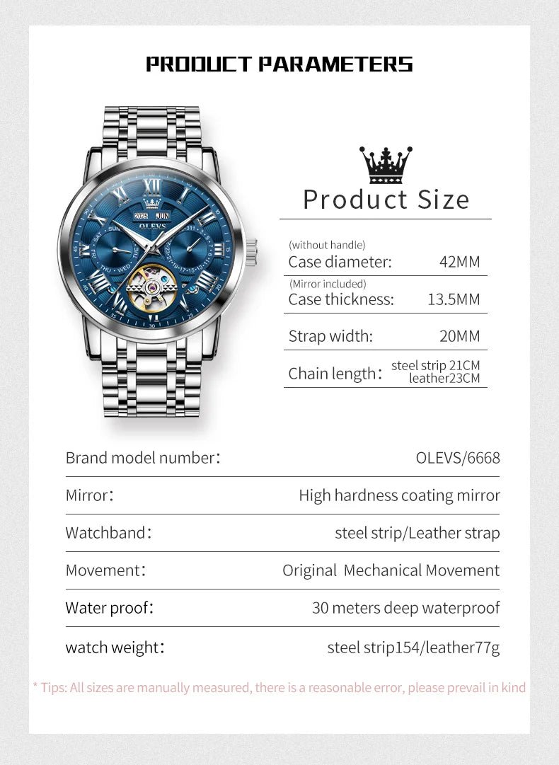OLEVS 6668 Automatic Skeleton Watch with Stainless Steel Bracelet