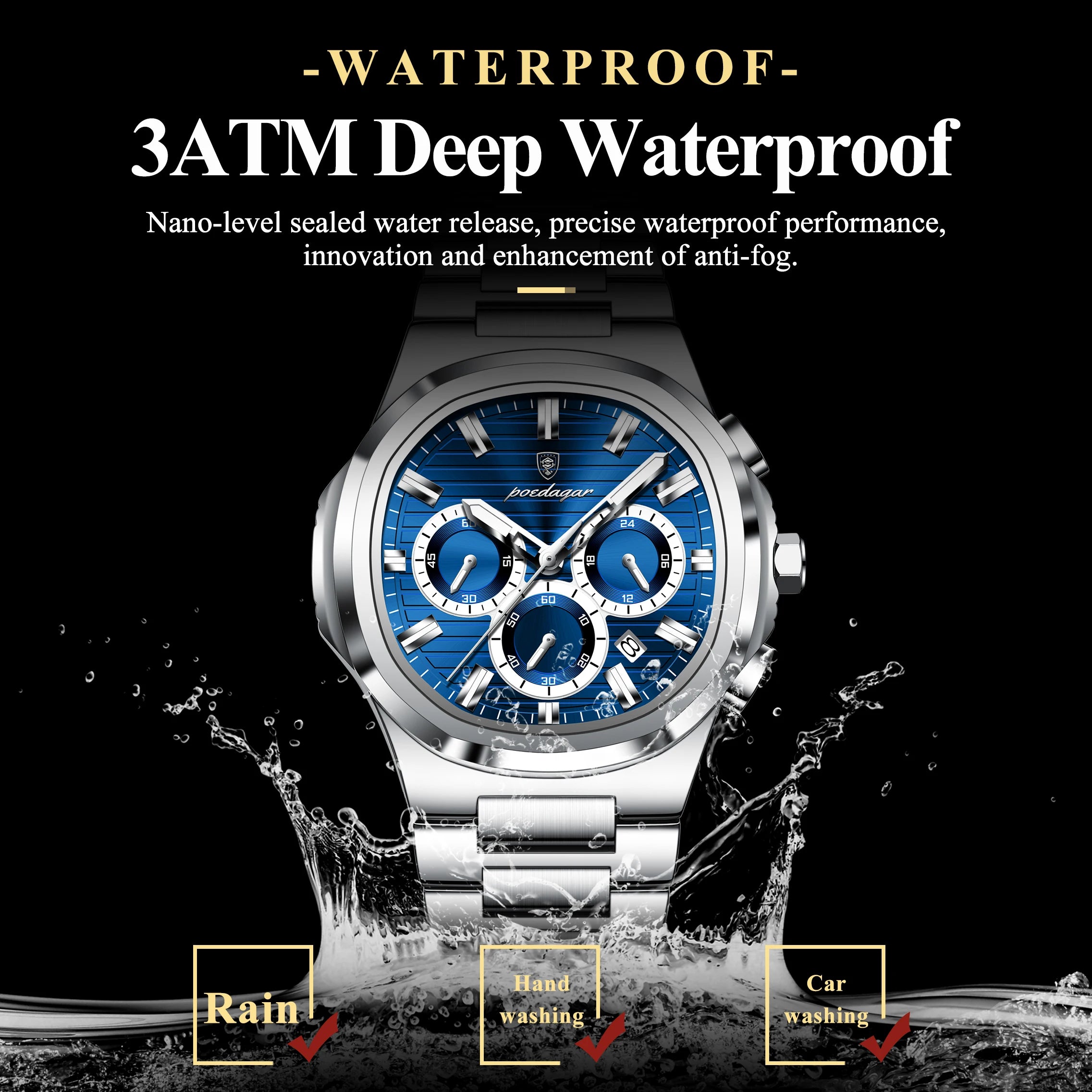 POEDAGAR Men's Quartz Chronograph Watch – Stainless Steel